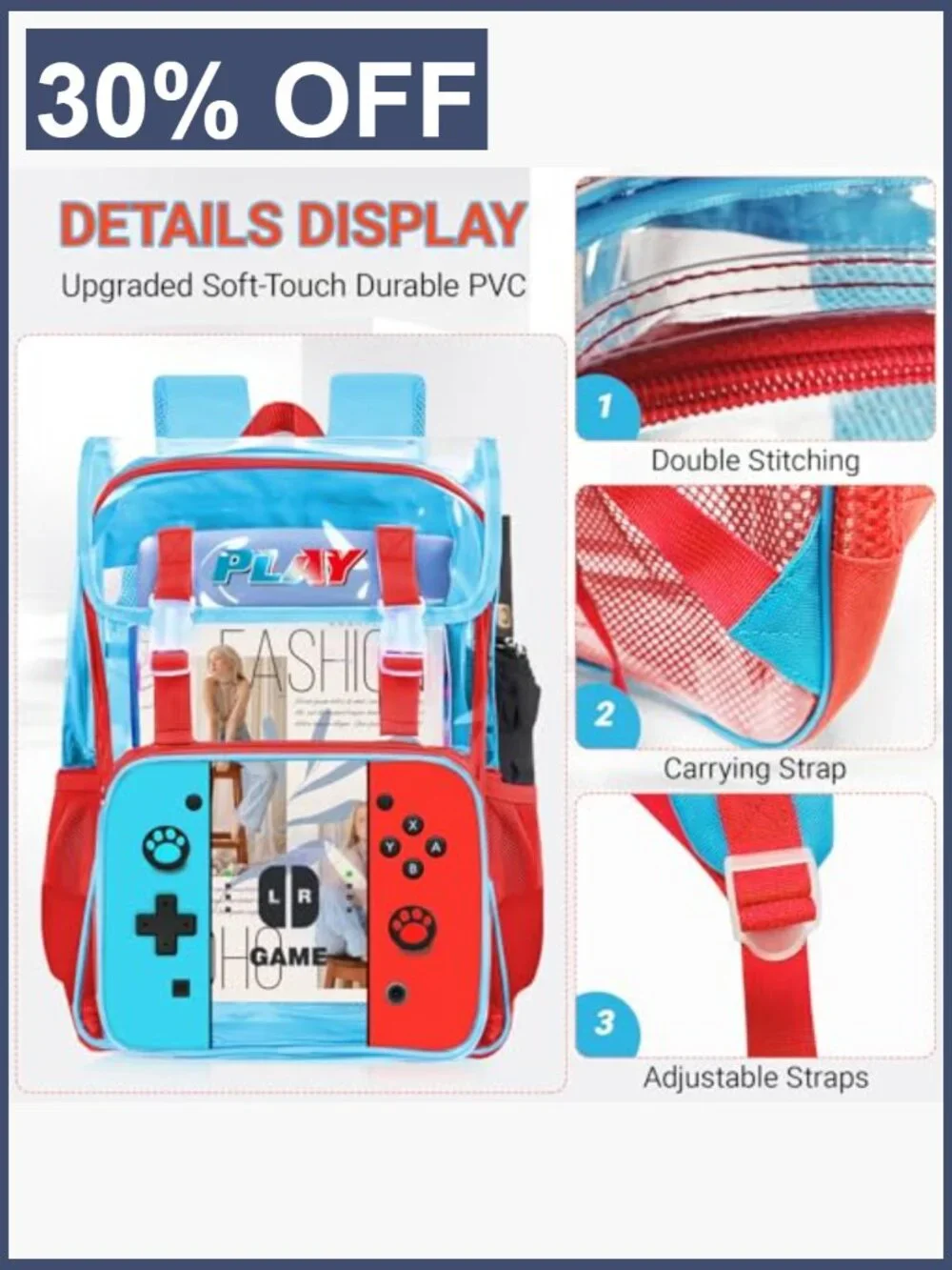 Kids Clear Backpack Boys Gamer Design Heavy Duty PVC Transparent Bookbag with